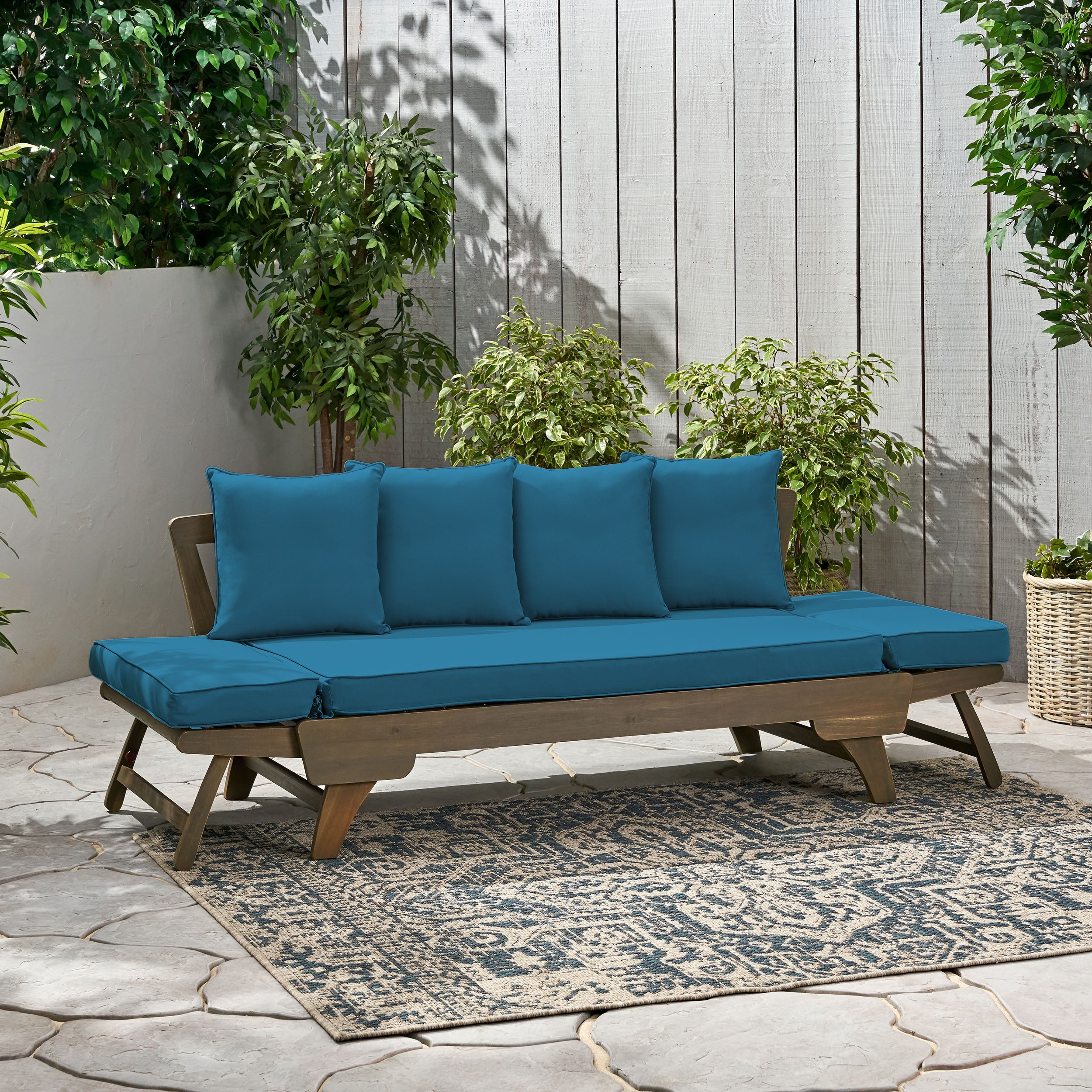 Othello Outdoor Acacia Wood Expandable Daybed with Water Resistant Cushions