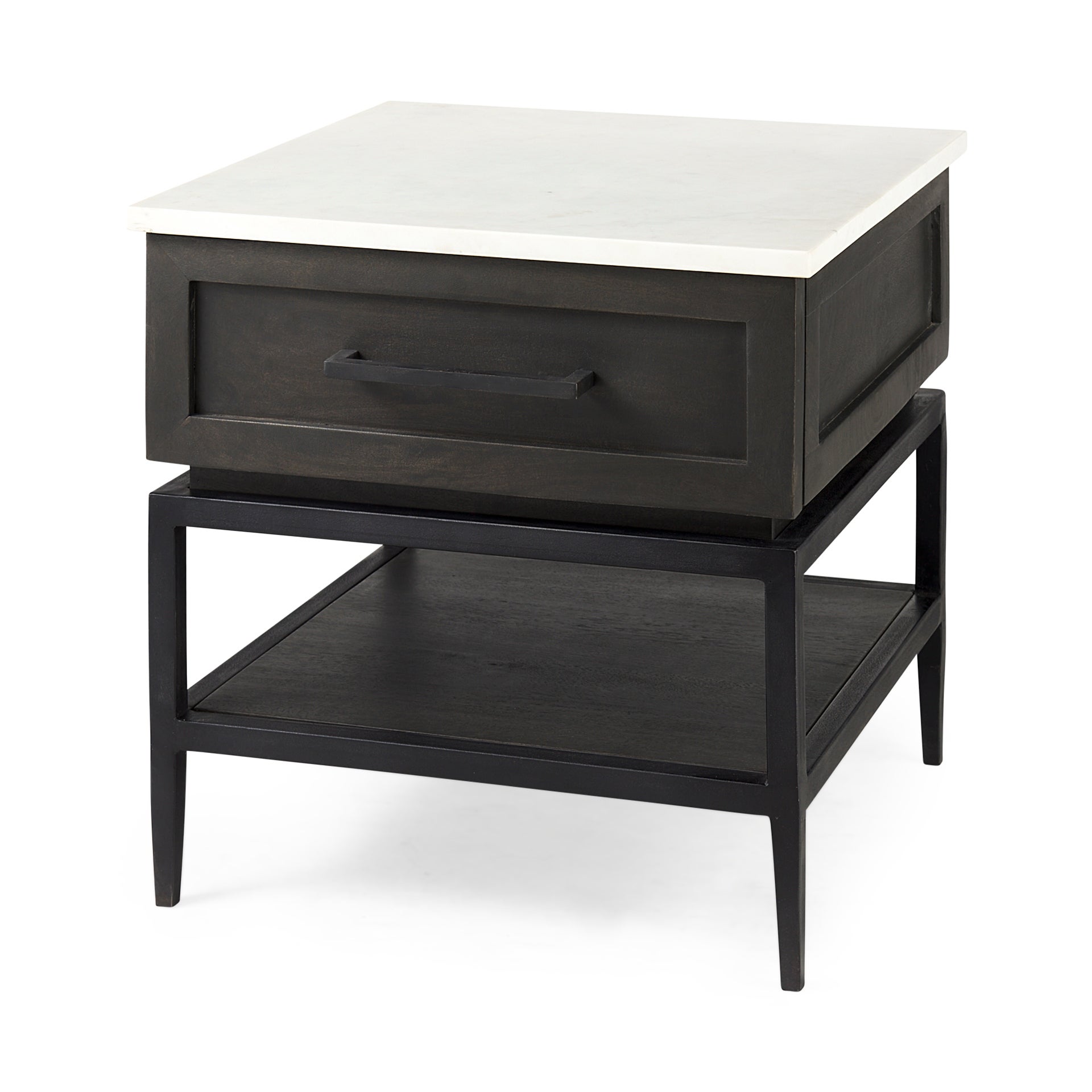 Divina Dark Brown Solid Wood w/ White Marble Top and Black Iron Frame Side Table