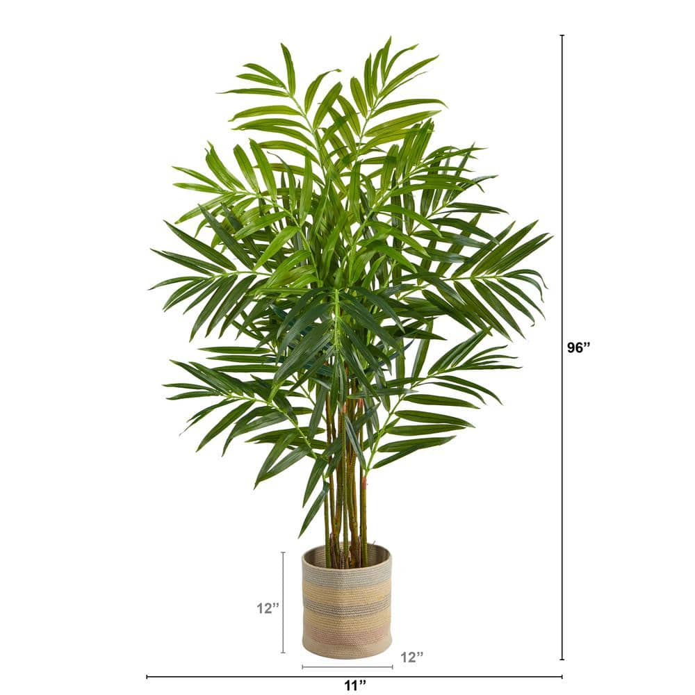 Nearly Natural 8 ft. Green King Palm Artificial Tree in Handmade Natural Cotton Multicolored Woven Planter T2990