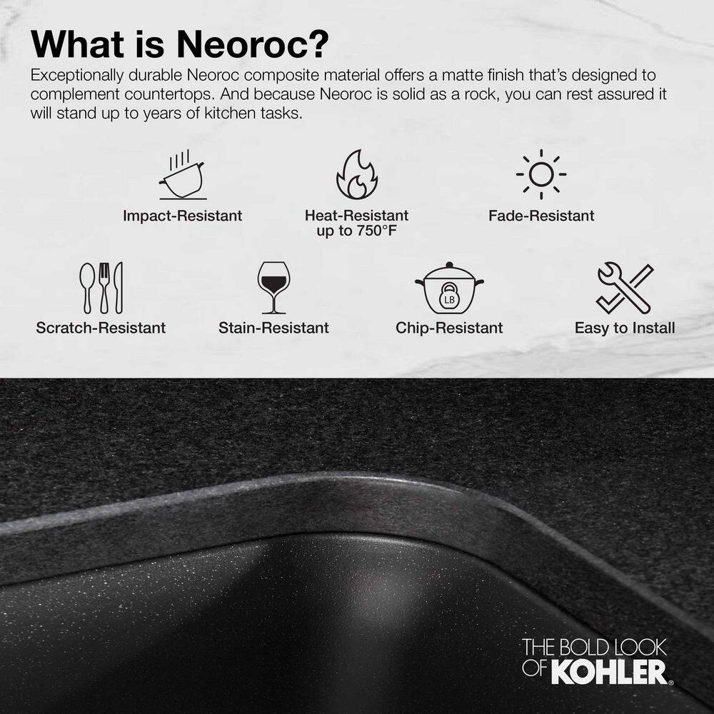 KOHLER Cairn Undermount Neoroc Granite Composite 33.5 in. Single Bowl Kitchen Sink Kit in Matte Black K-8206-CM1