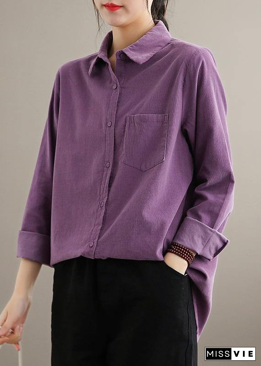 Style Lapel Pockets Spring Crane Tops Design Purple Shirt