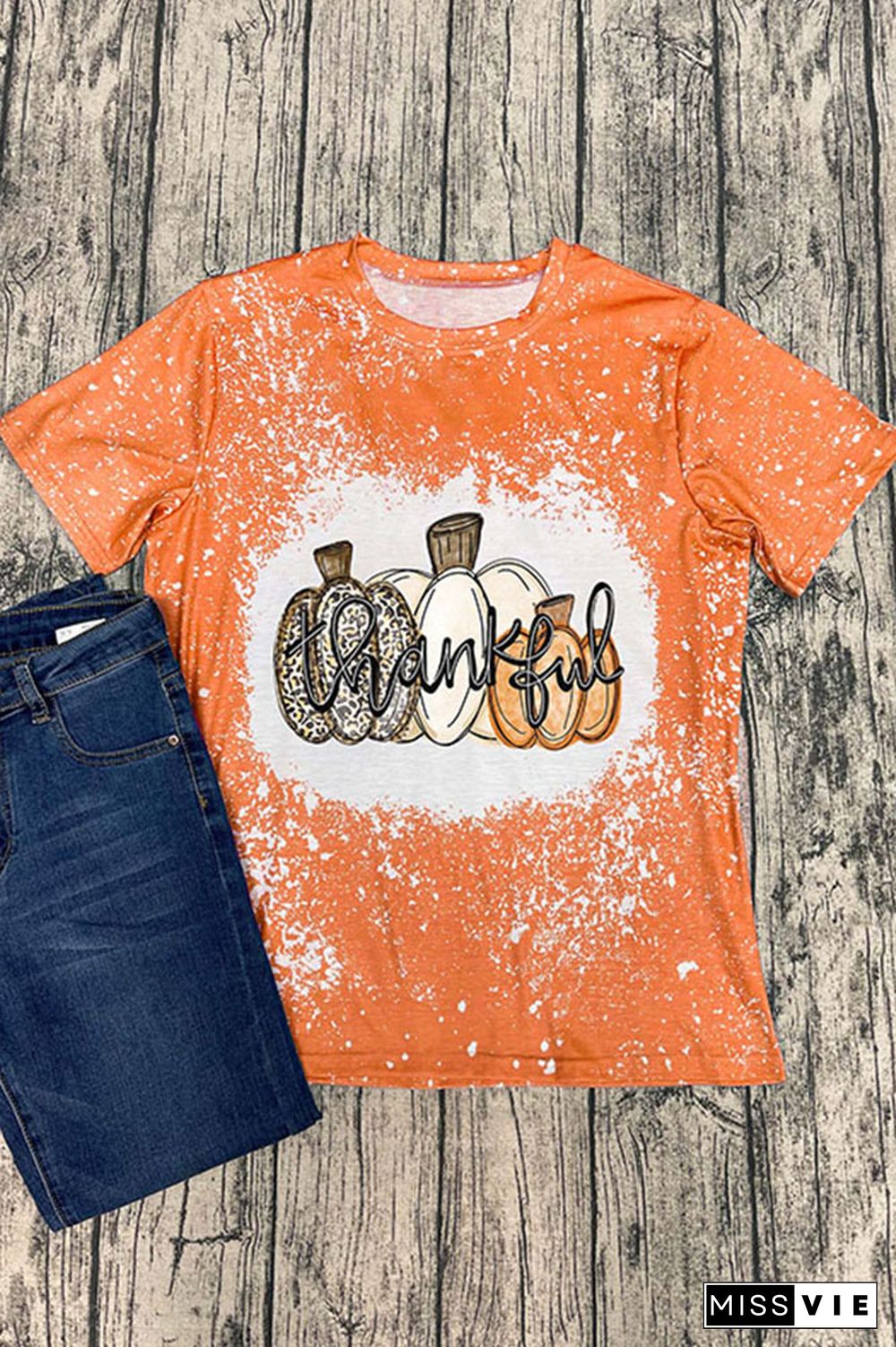 Thanksgiving,Thankful Pumpkin Bleached Graphic Tee Wholesale