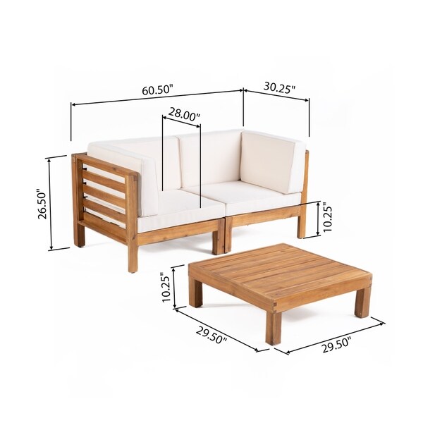 Oana Outdoor 2Seater Acacia Wood Sectional Loveseat and Coffee Table Set with Cushions by Christopher Knight Home