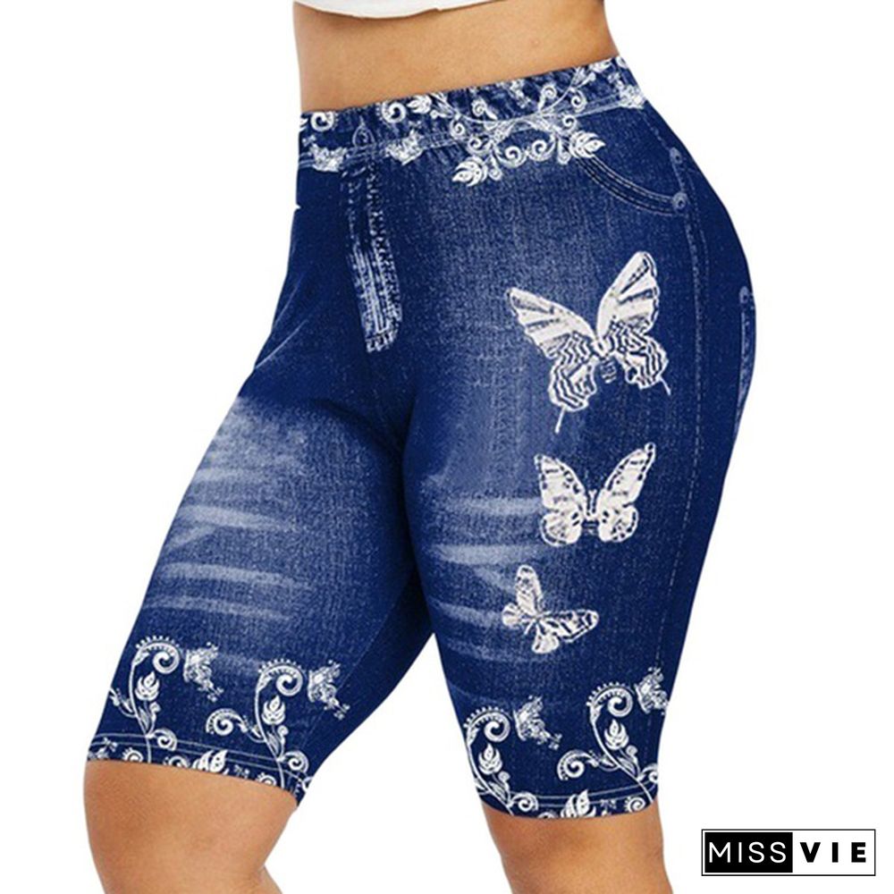 Women's Fashion 3D Butterfly Floral Print Denim Shorts Leggings Plus Size Jeggings Shorts Leggings