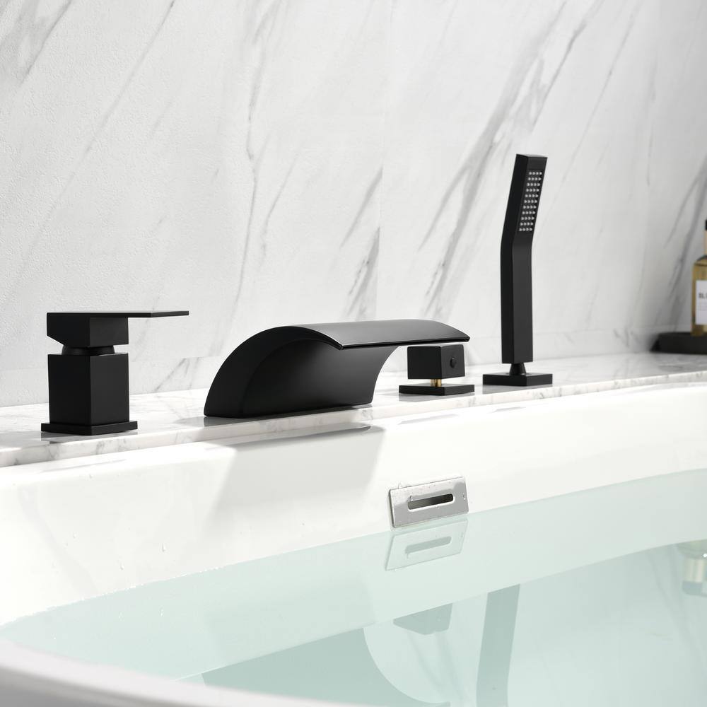 Boyel Living 2-Handle Tub Mount Roman Tub Faucet with Water Supply Lines and Hand Shower in Matte Black SMD-1720B-1