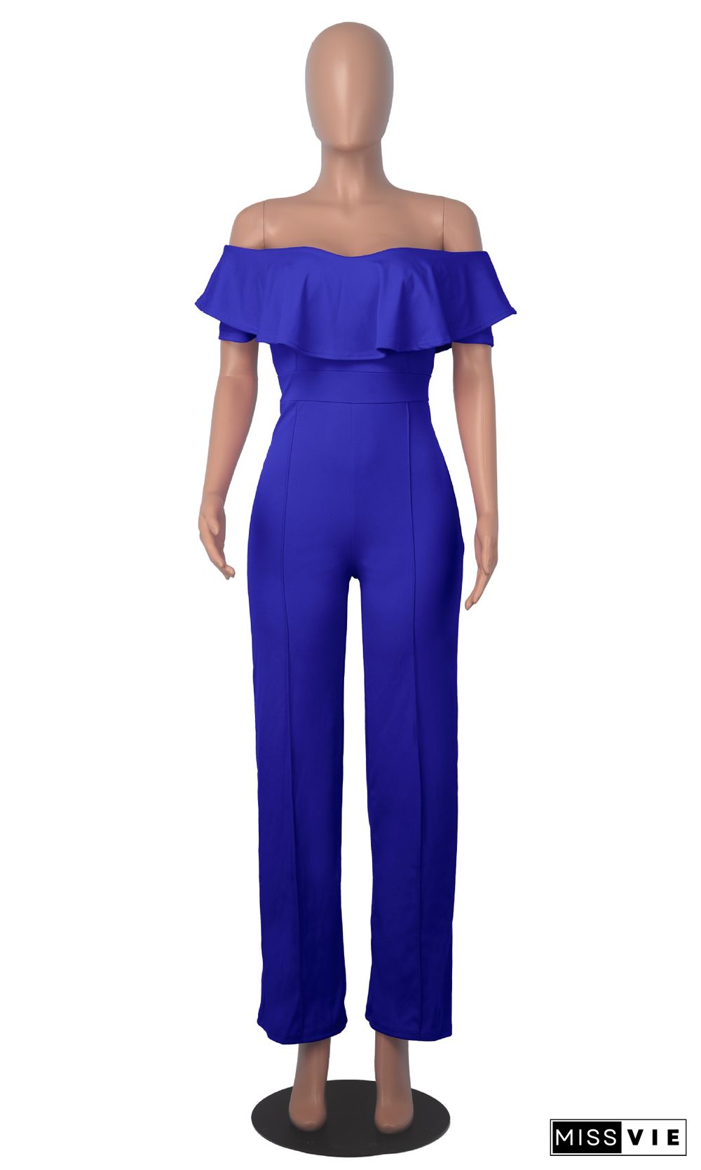 Elegant Solid Ruffle Slash Neck One Piece Jumpsuit