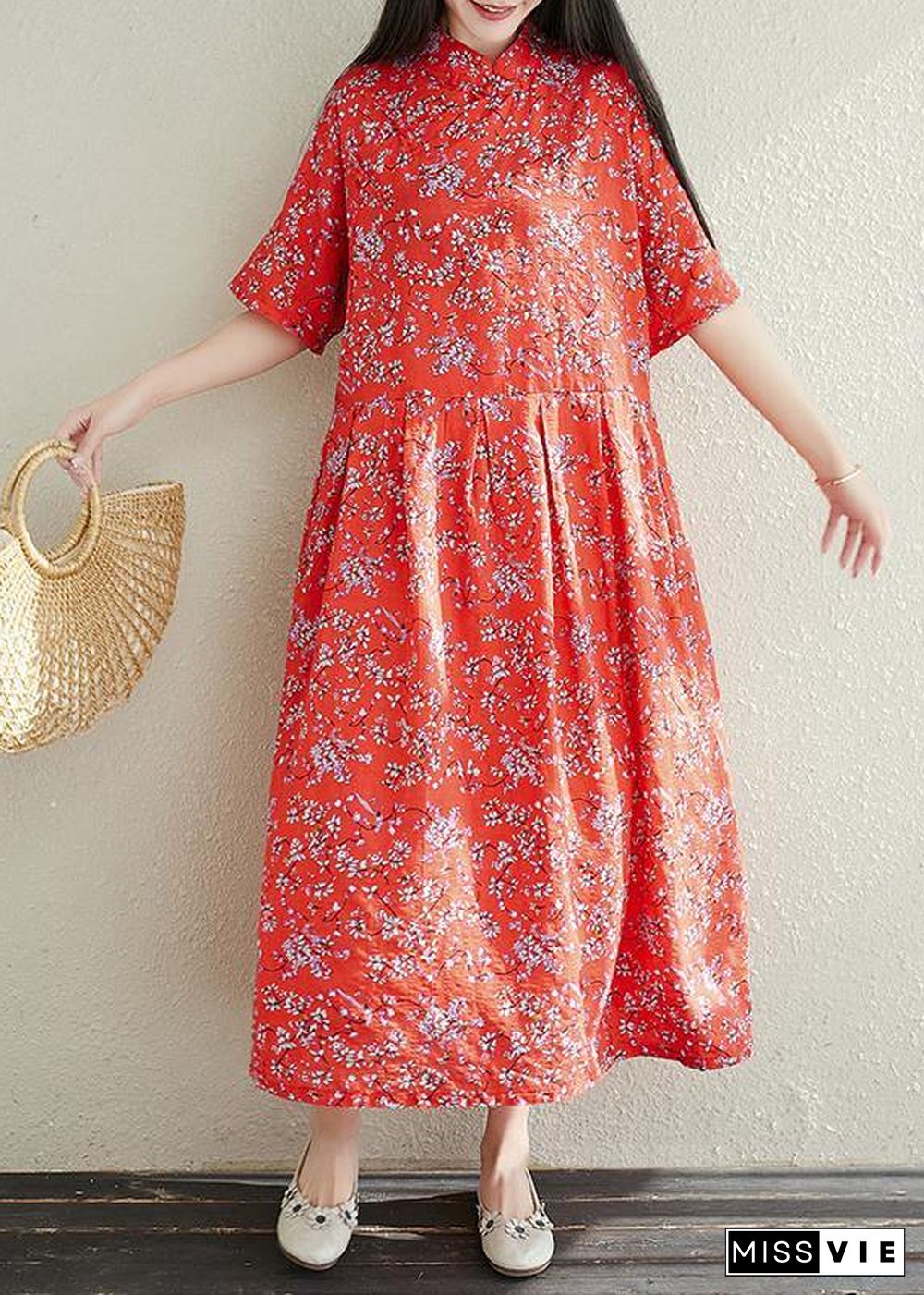 Button Chiffon Robes Fabrics red prints Dresses summer