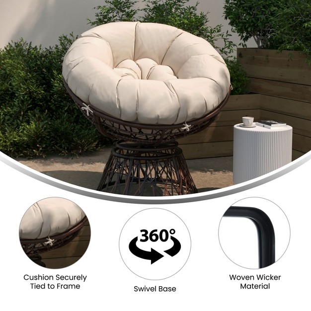 Merrick Lane Papasan Style Woven Wicker Swivel Patio Chair With Removable All weather Cushion