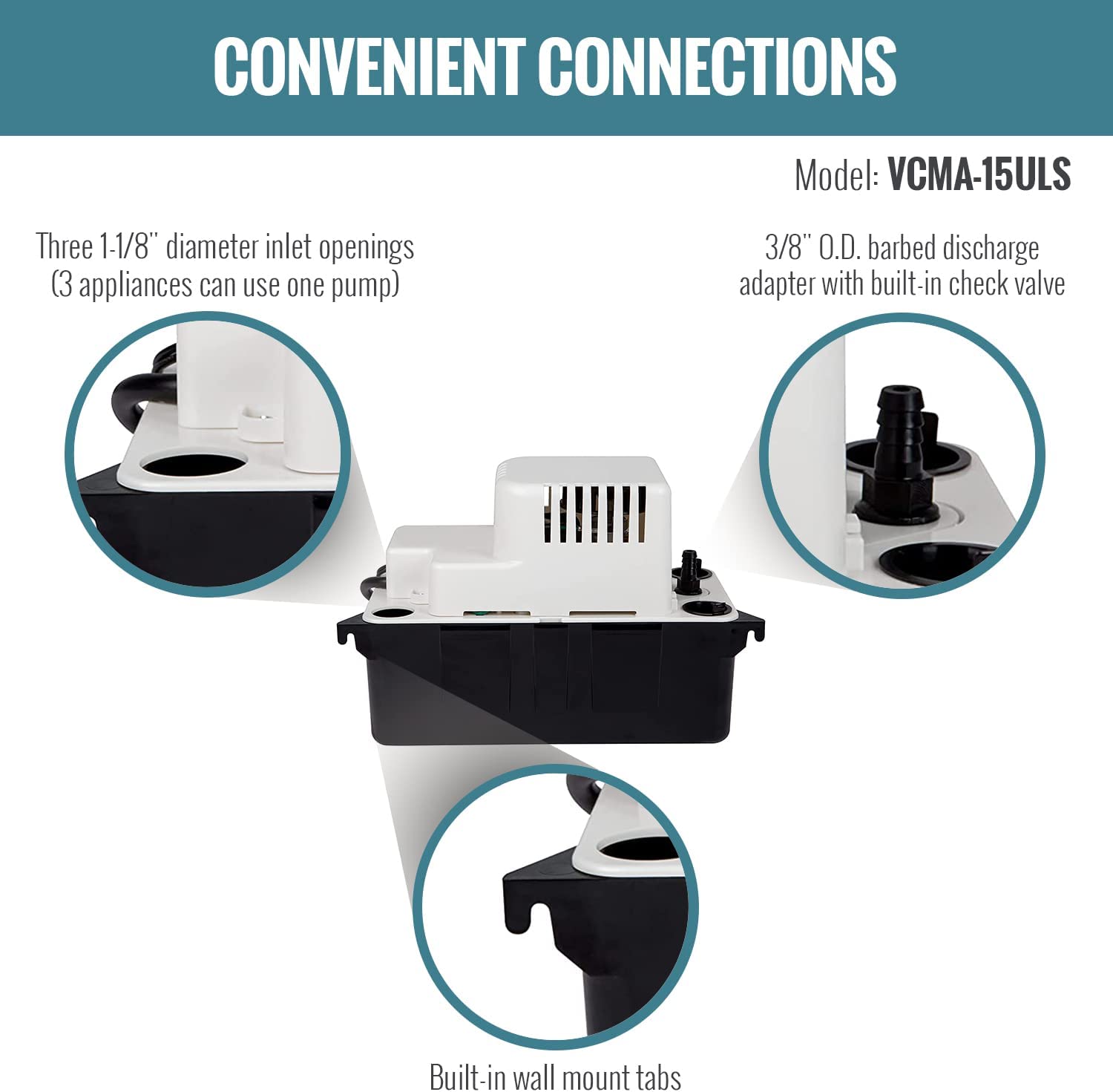 Little Giant 554405 65 GPH Condensate Pump with Safety Switch， White， VCMA-15ULS