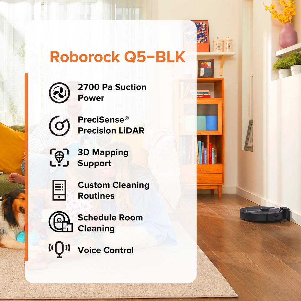 ROBOROCK Q5-BLK Robot Vacuum with LiDAR Navigation Bagless Washable Filter Multisurface in Black Roborock Q5-BLK