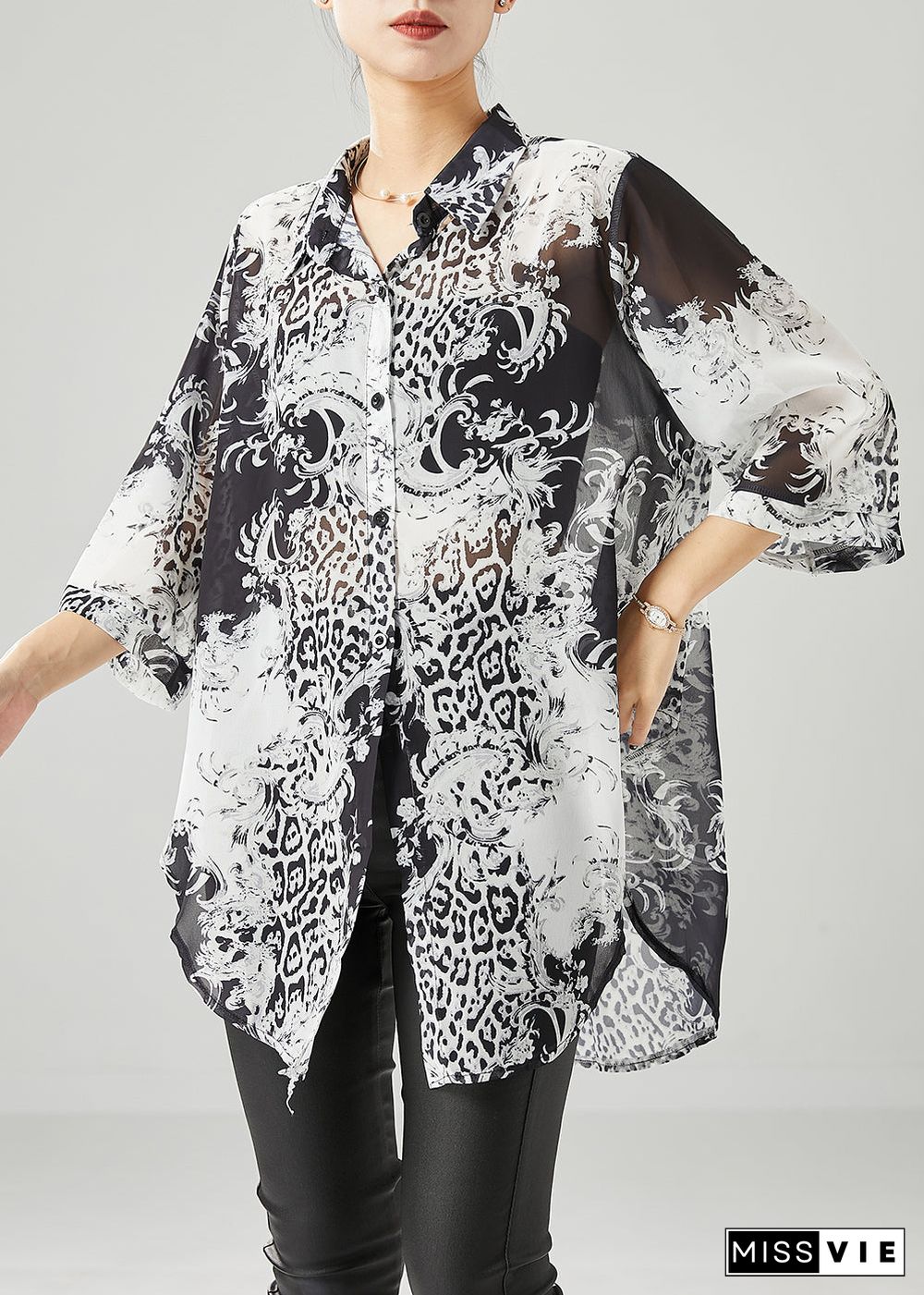 Plus Size Black White Print Oversized Chiffon Blouses Half Sleeve