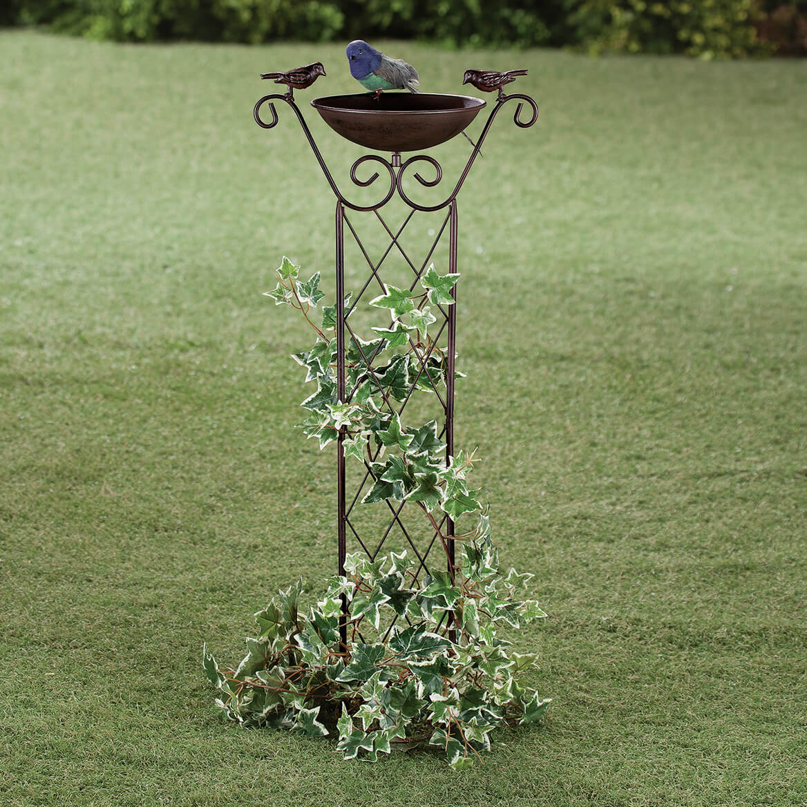 Fox Valley Traders Weatherproof Metal Bronze Finish Bird Bath with Trellis, 31” H x 12” W – Decorative Birds on Wrought Iron Trellis, Climbing Flowers & Vines, Bowl 7.5” Diameter