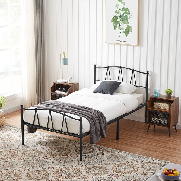 Industrial 3 Piece Bedroom Set Black Platform Bed Frame and Modern Brown Nightstands Set of 2 - - 36529080