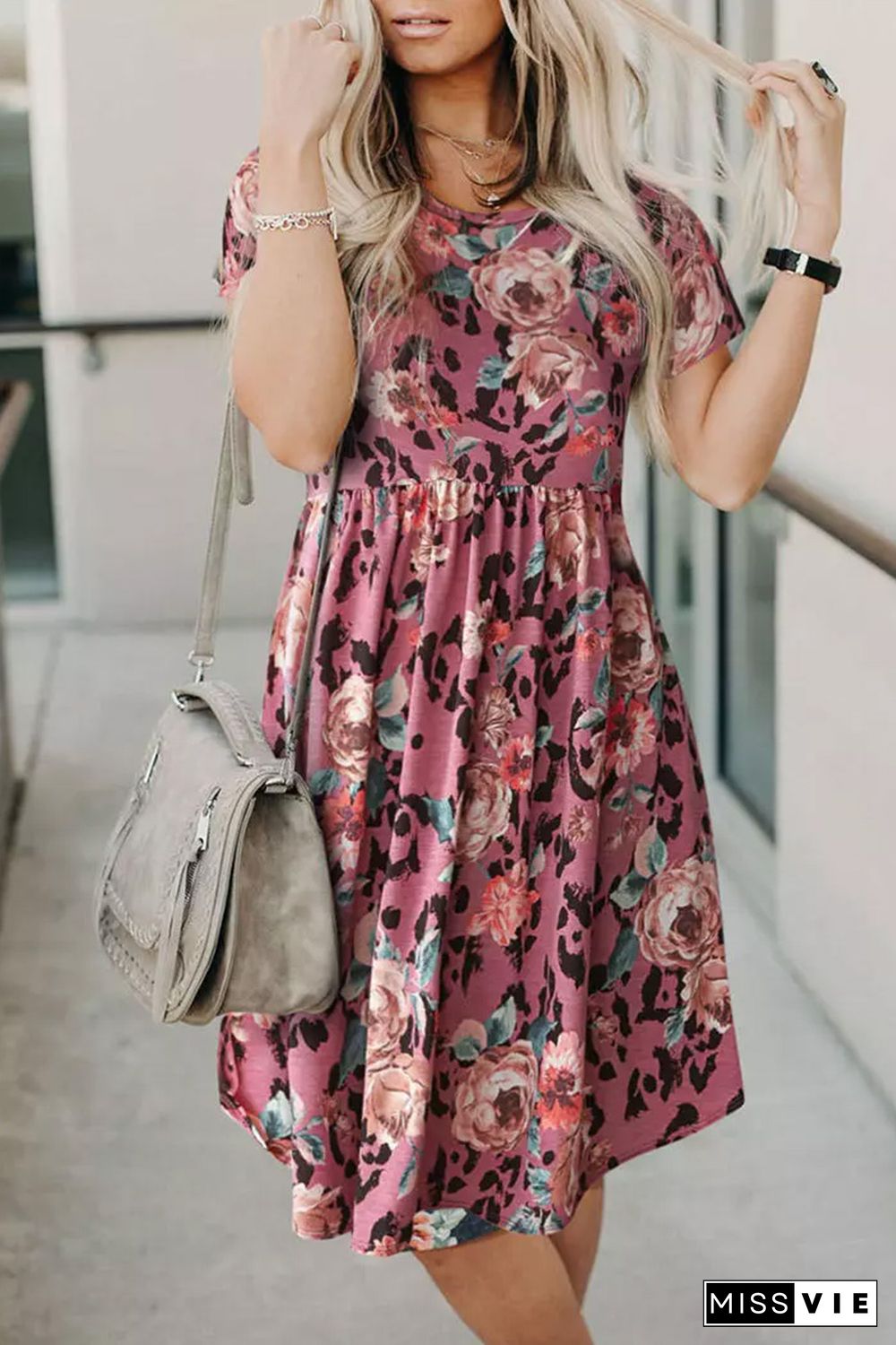 Red Leopard Print Short Sleeve A-line Dress