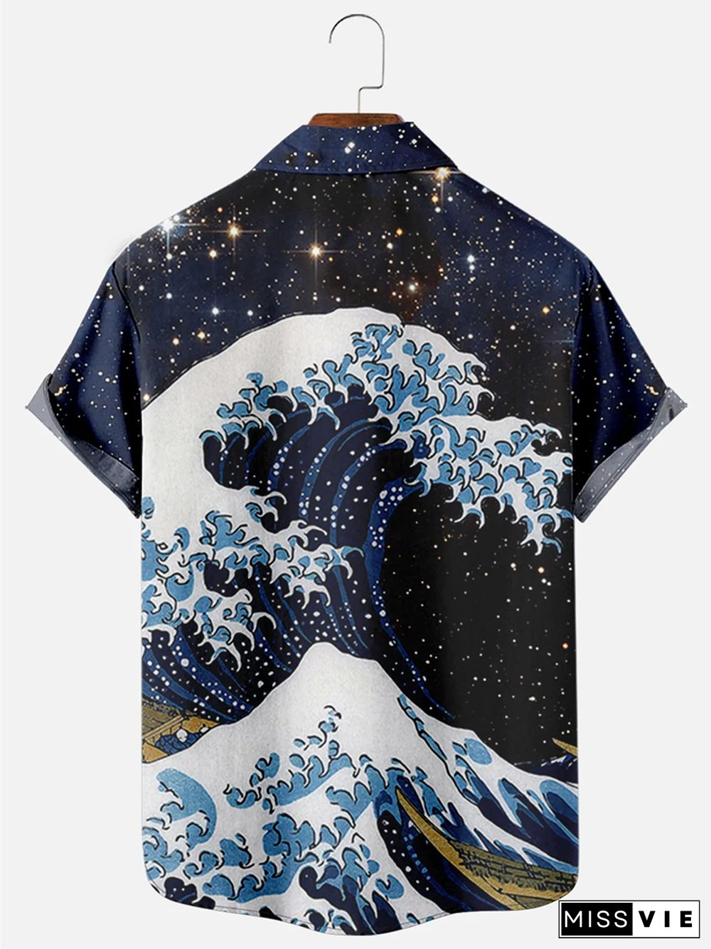 Mens Japanese Ukiyoe Wave Print Casual Breathable Chest Pocket Short Sleeve Hawaiian Shirts