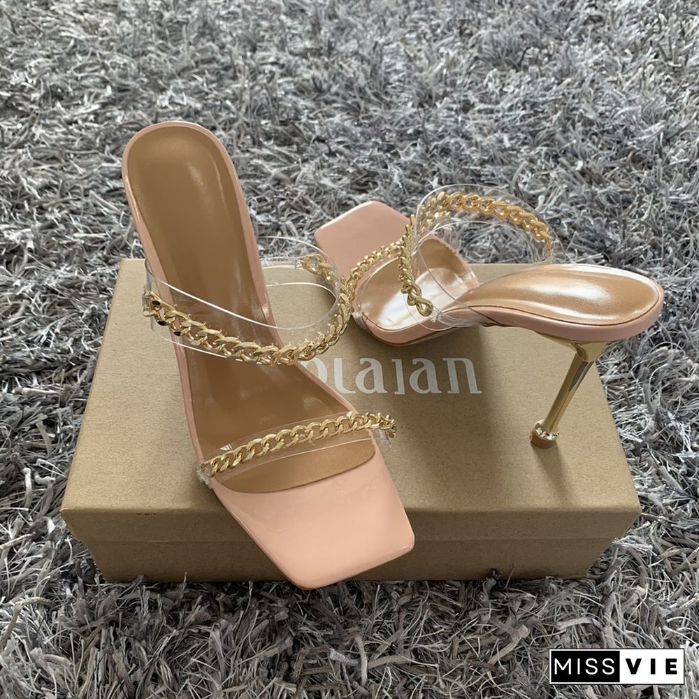 Summer Women Sandals Square Toe Ladies Heel Mules Clear PVC Transparent High Heels Slippers Female Fashion Chain Shoes Woman