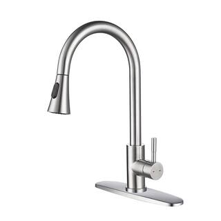 WELLFOR 20 in. Hose Single Handle Gooseneck Pull Down Sprayer Kitchen Faucet with Deckplate Included in Brushed Nickel WA-TH4003NS