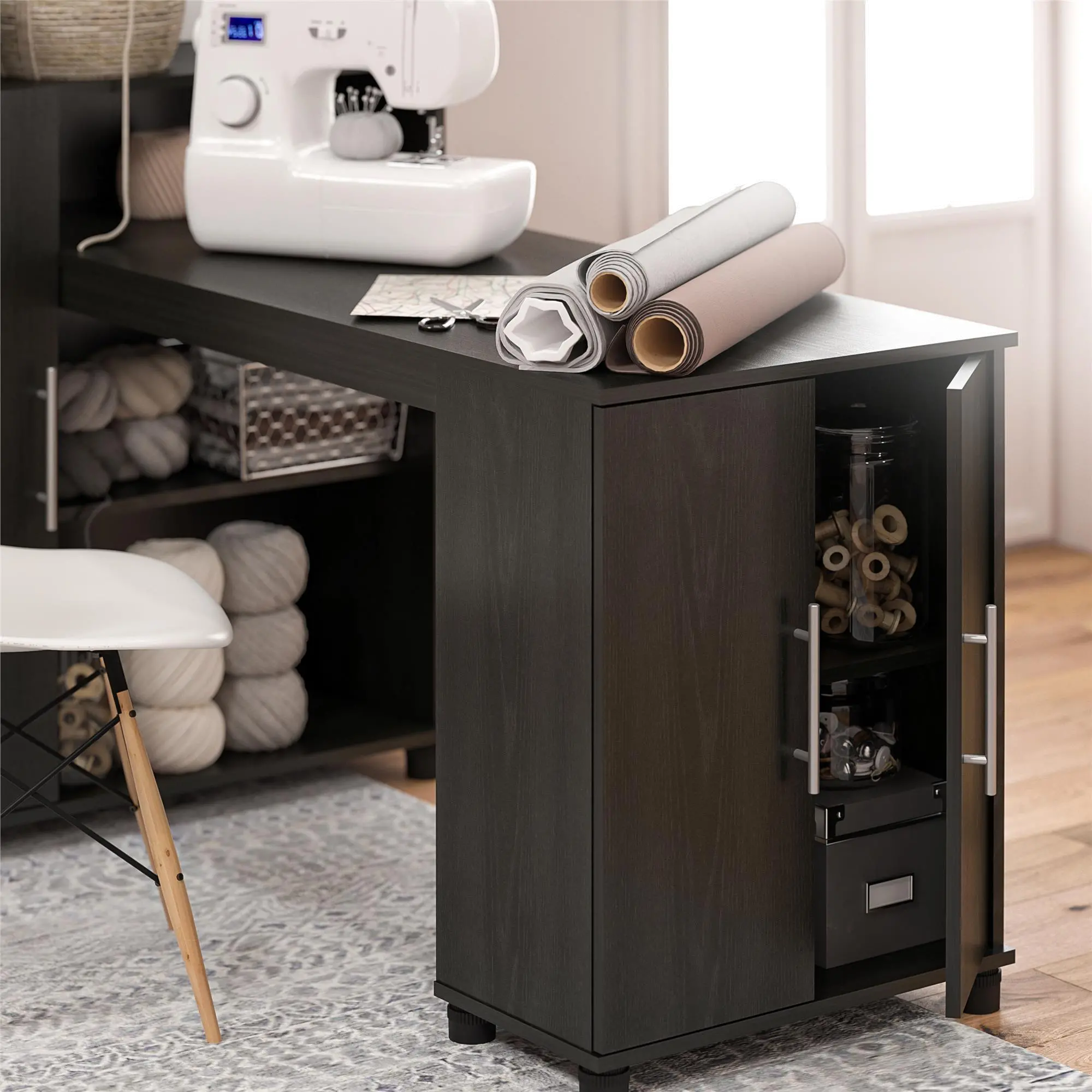 Camberly Black Oak Craft Desk with Storage Cabinet