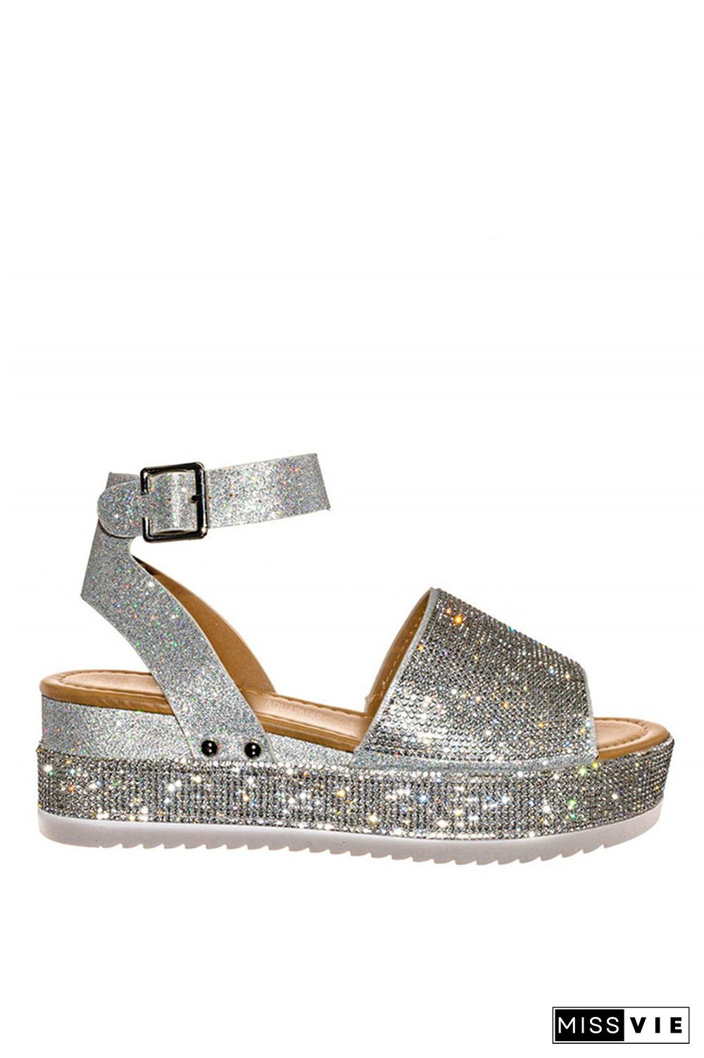 Ankle Strap Rhinestone Glitter Flatform Sandal