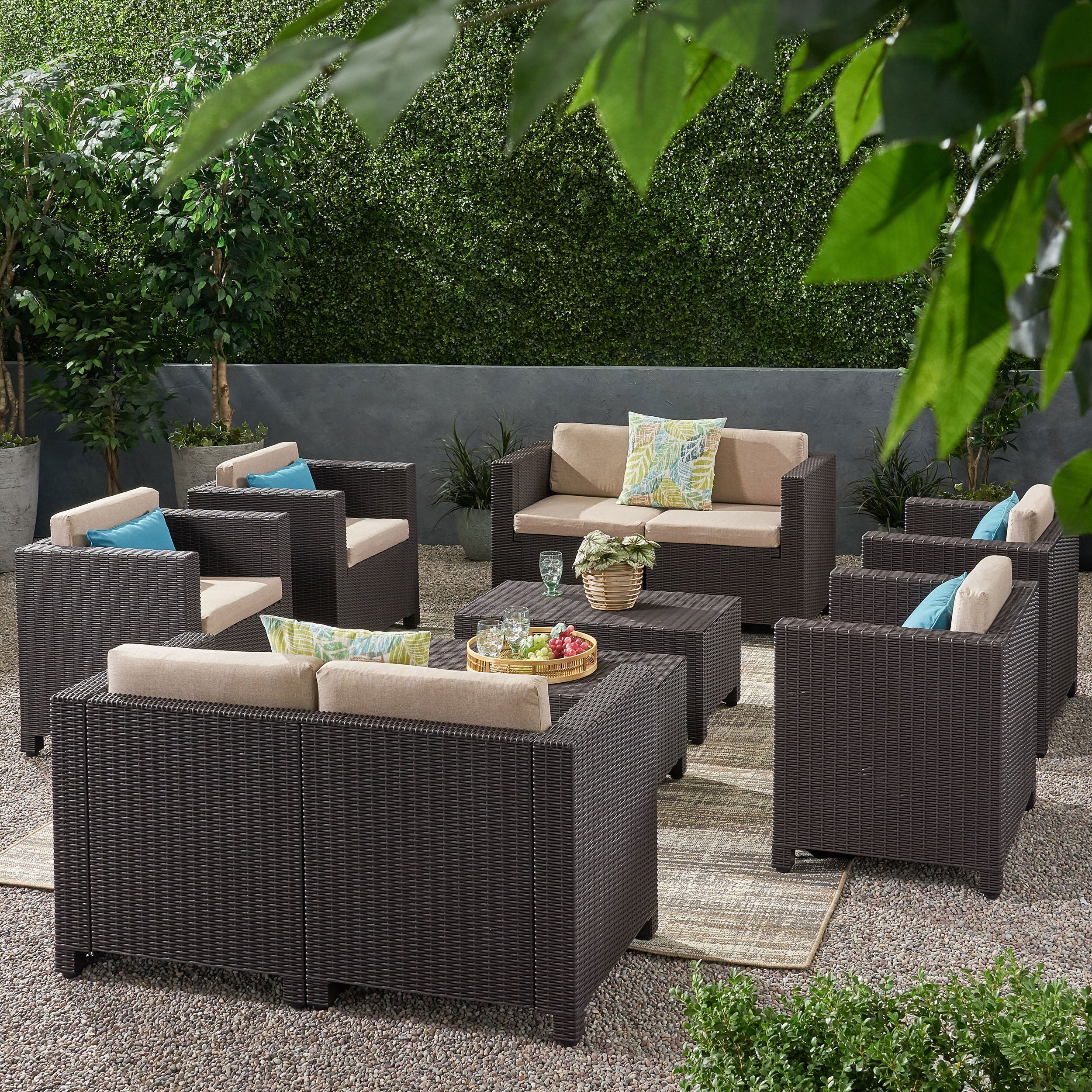 Farirra Outdoor Faux Wicker 8 Seater Chat Set with Cushions