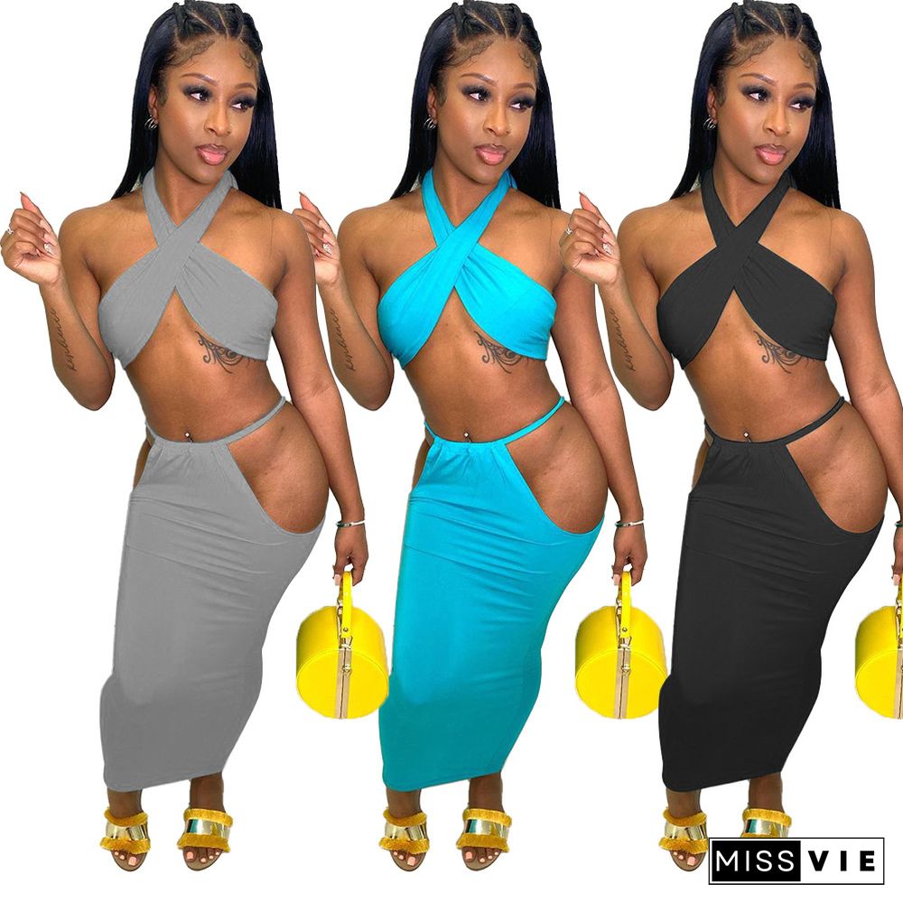 Women Summer Sexy Solid Color Halter Backless Crop Tops Cut Out Long Skirts Bodycon Two Pieces Set