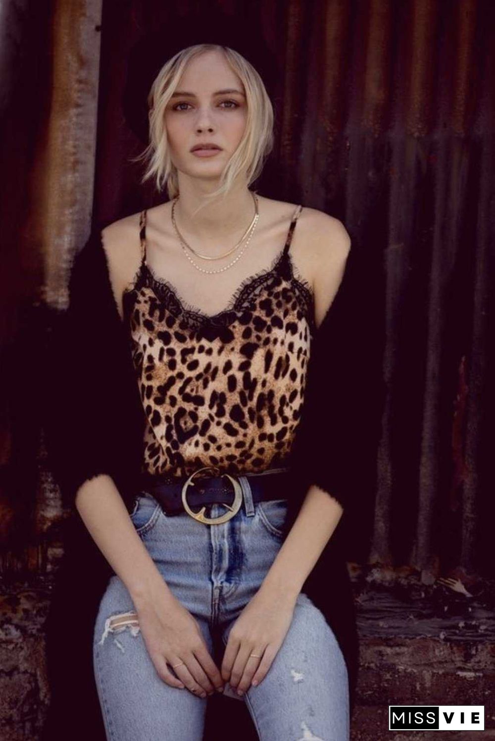 Retro Print Snake Leopard Lace Cami Tank Spaghetti Top