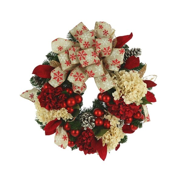 24 Hydrangea Christmas Holiday Wreath with a Large Bow