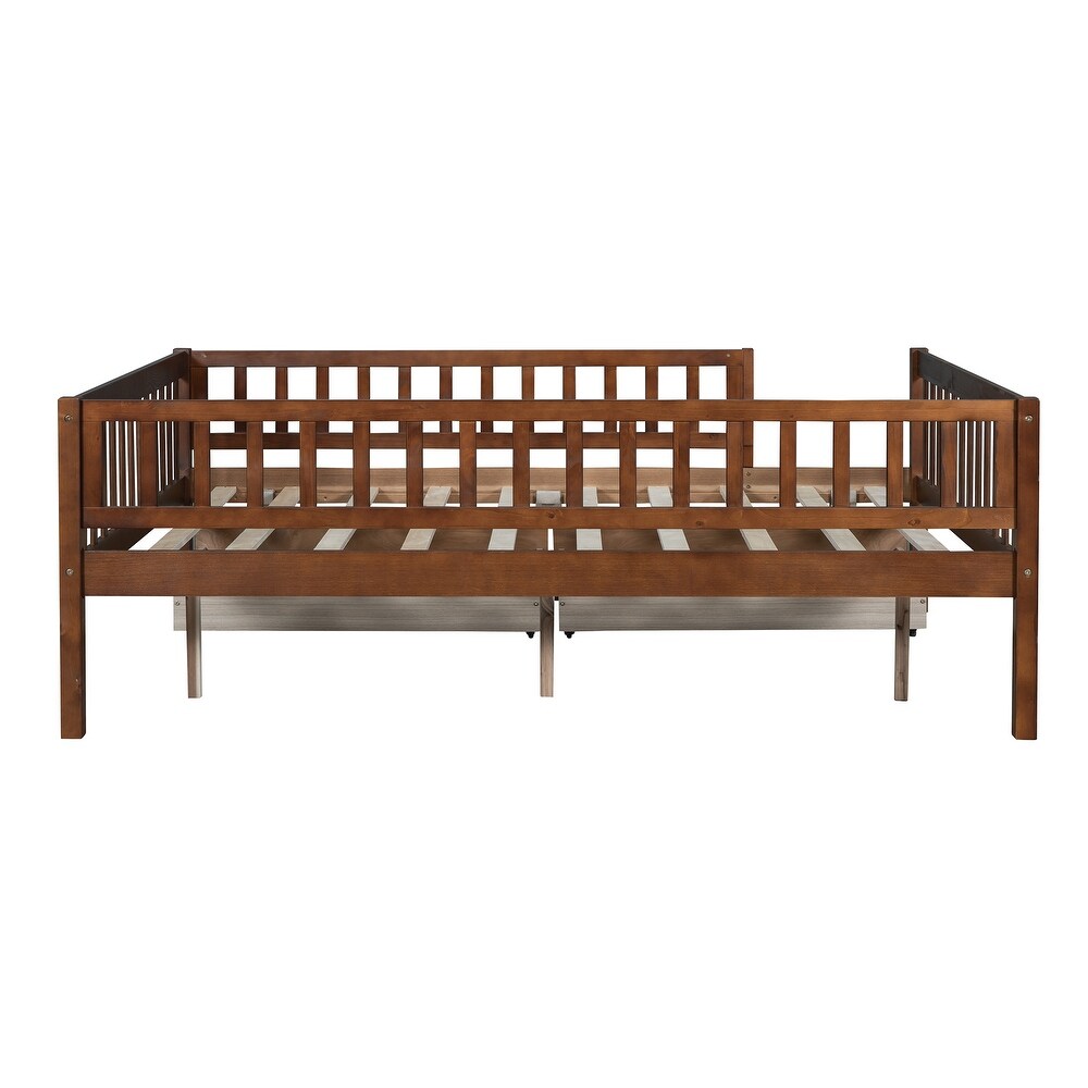 Full Size Daybed with 2 Drawers and Fence Guardrails  Sturdy Pine Wood Sofa Bedframe for Maximized Space and Comfort  Walnut