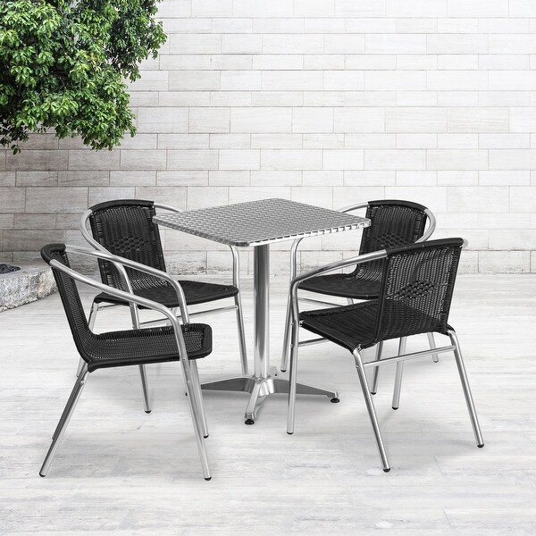 23.5'' Square Aluminum Indoor-Outdoor Table Set with 4 Rattan Chairs - Overstock - 12040383