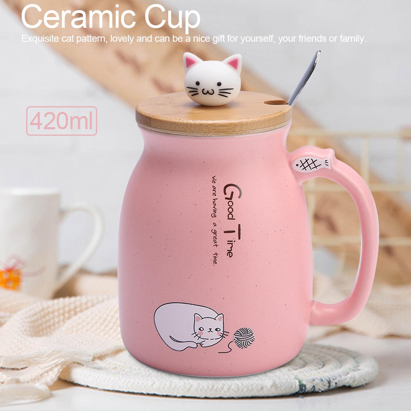 1Pc Lovely Cat Ceramic Cup with Spoon and Lid Coffee Water Milk Mug for Drinkware Gift(Pink)