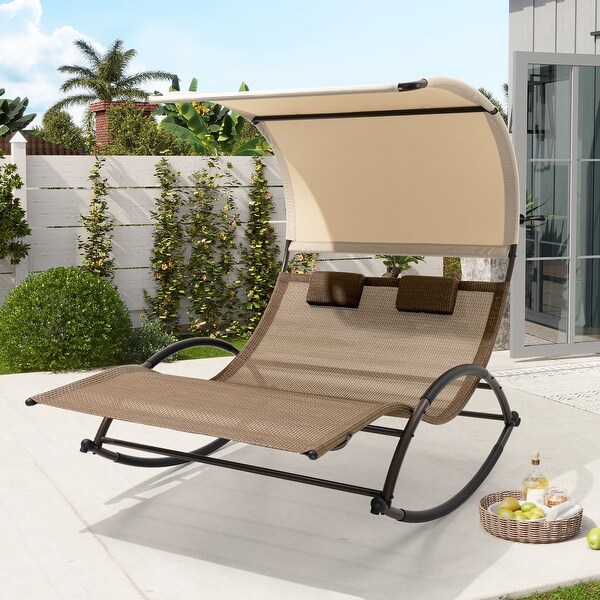 Outdoor Double Chaise Lounge Chair Rocking Lounger with Sunshade Canopy