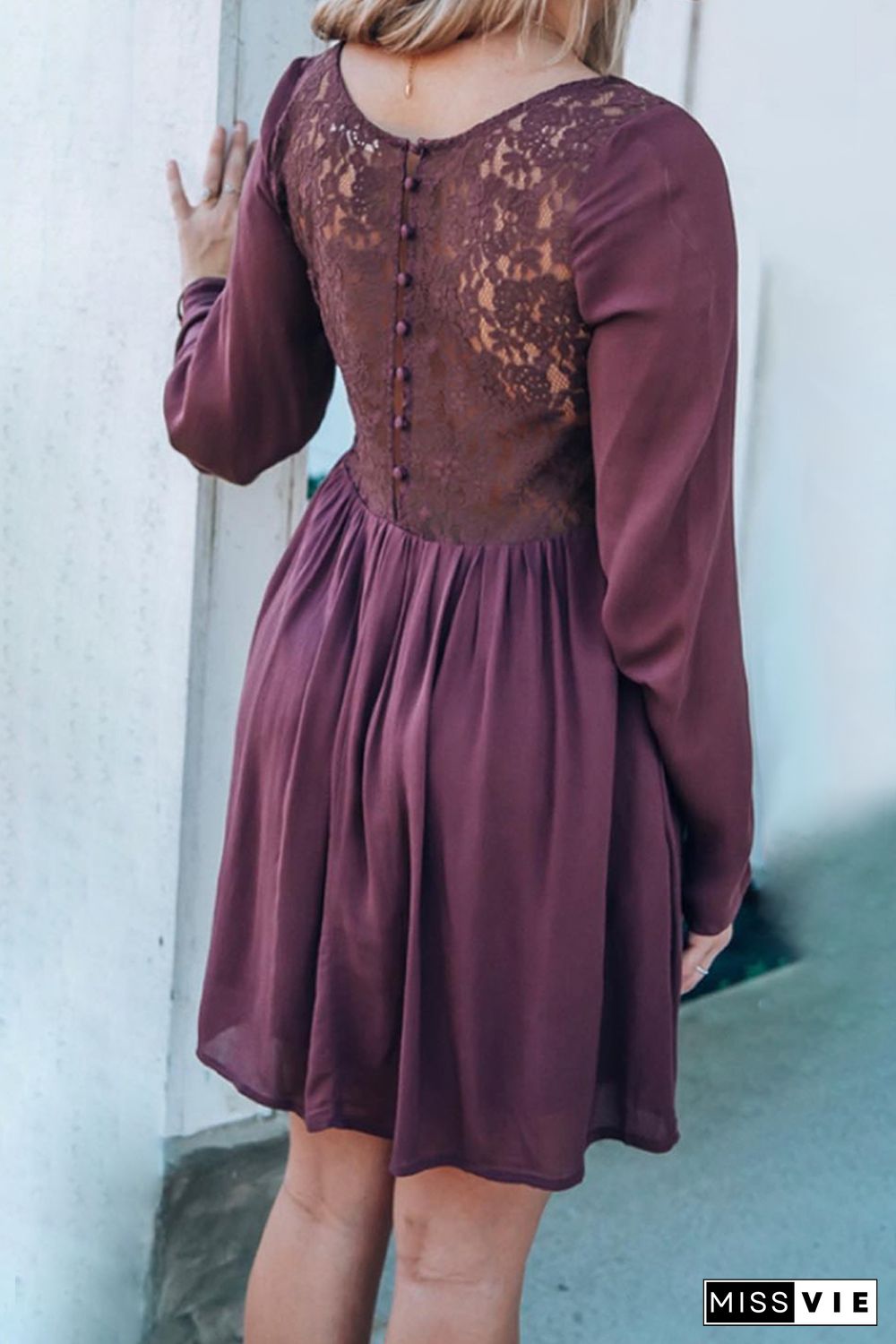 Purple Buttoned Sheer Lace Back Long Sleeve Dress