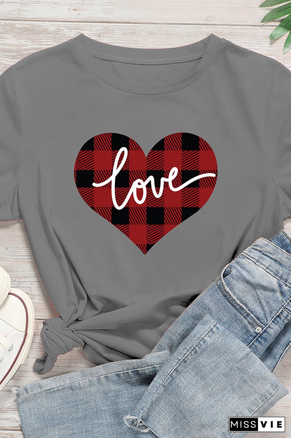 VALENTINE'S DAY Plaid Heart Graphic Tee Short Sleeve T shirts Top Wholesale