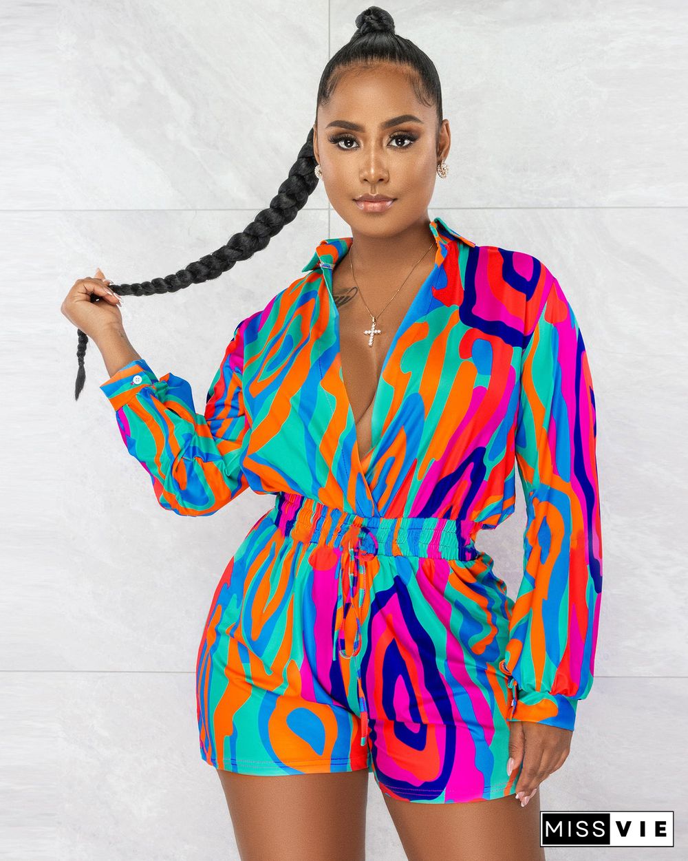 Turn Down Collar Causal Long Sleeve Print Rompers