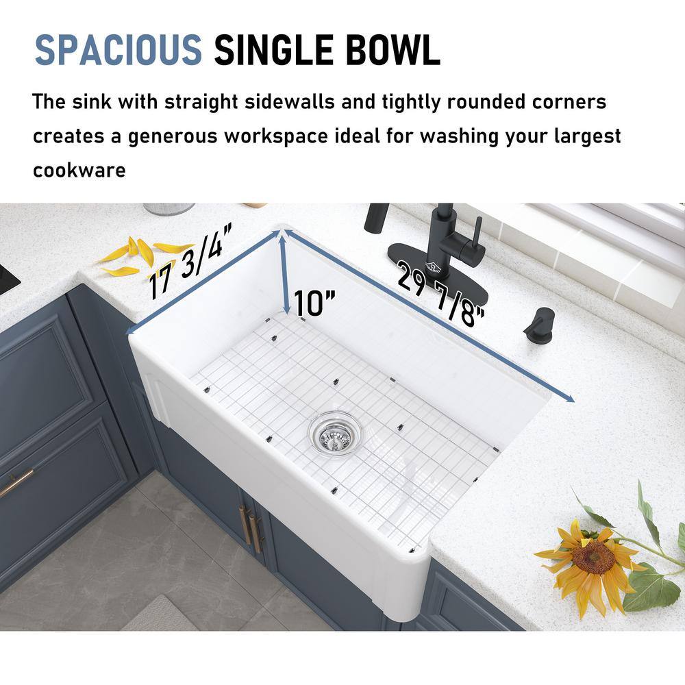 CASAINC Fireclay 30 in. Single Bowl Frame Design Reversible Installation Farmhouse Apron Kitchen Sink with Kitchen Faucet Kit KCSL0023-FW30MB