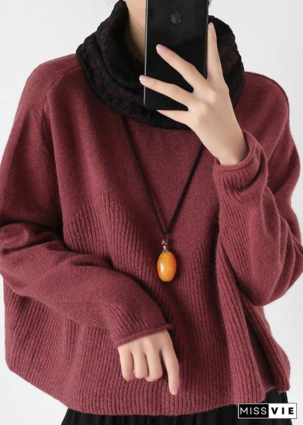 Pullover high neck red knit sweat tops trendy plus size Batwing Sleeve clothes