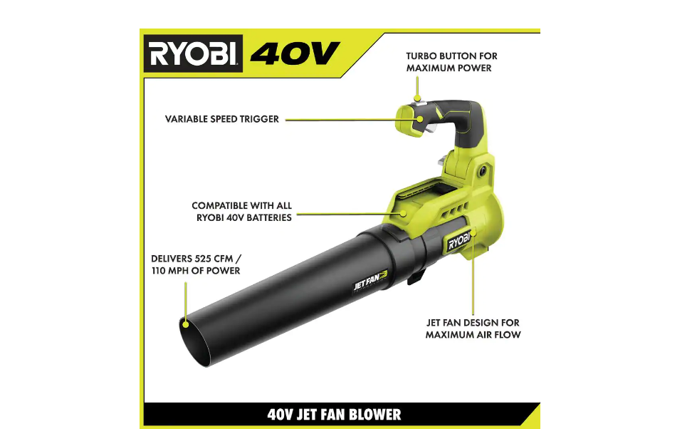 RYOBI RY40480VNM 40V 110 MPH 525 CFM Cordless Battery Variable-Speed Jet Fan Leaf Blower with 4.0 Ah Battery and Charger