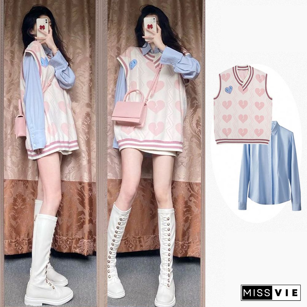 Love Heart Embroidery Vest Sweater Loose Shirt Two Pieces