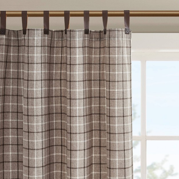 Preston Plaid Faux Leather Tab Top Room Darkening Curtain Panel With Fleece Lining