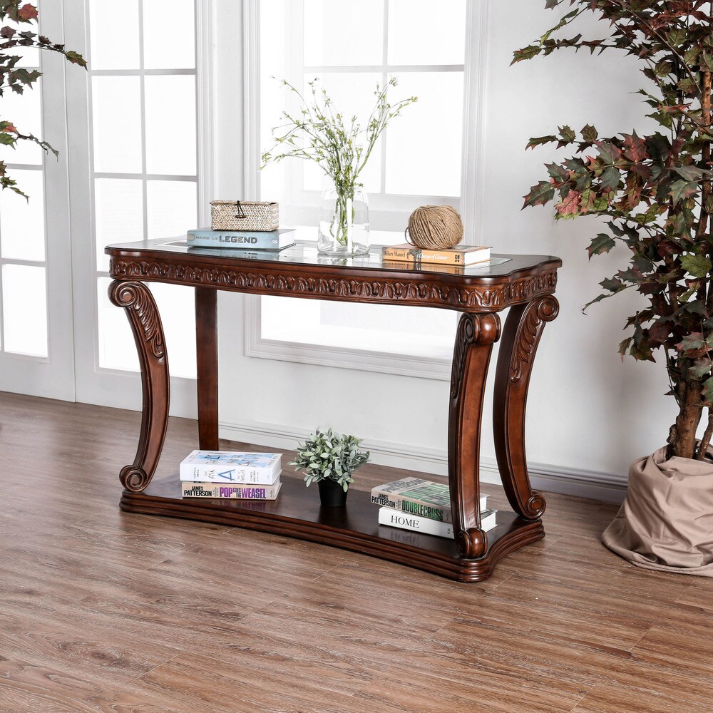 Derg Traditional Dark Oak 48 inch Glass Top Insert 1 Shelf Sofa Table by Furniture of America