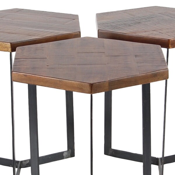 Brown Wood Industrial Accent Table (Set of 3)