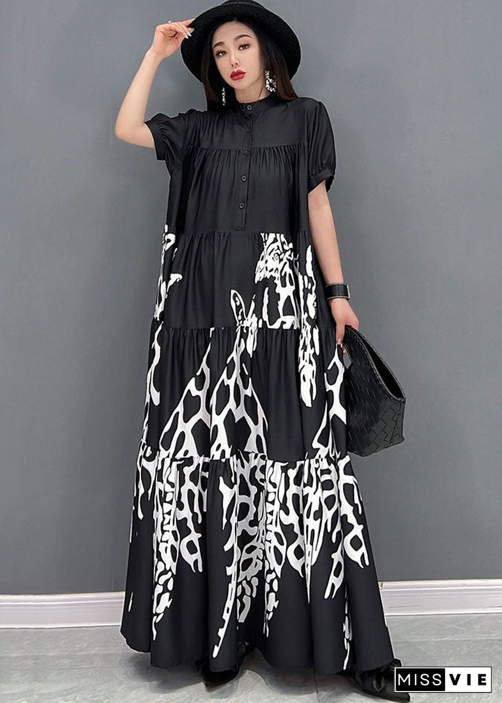 French Black Stand Collar Print Wrinkled Shirt Dresses Short Sleeve