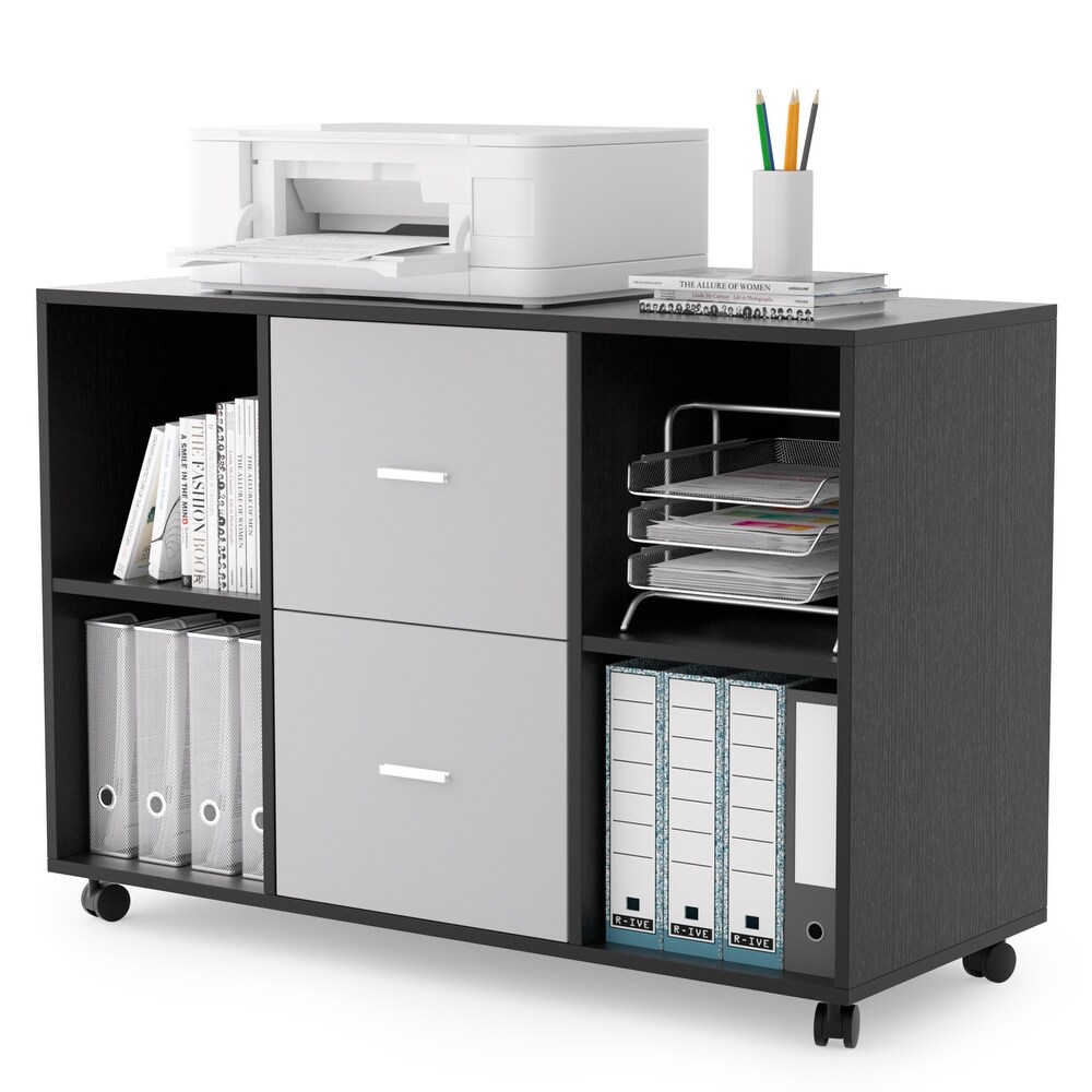 Wooden Filing Cabinet with 2 Drawers and 4 Open Storage Shelves  Equipped with Movable Wheels