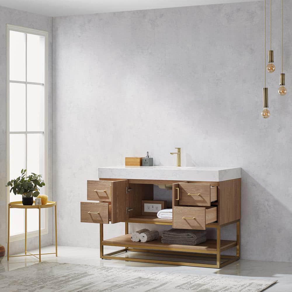 ROSWELL Alistair 48 in Bath Vanity in North American Oak with Grain Stone Top in White with White Basin