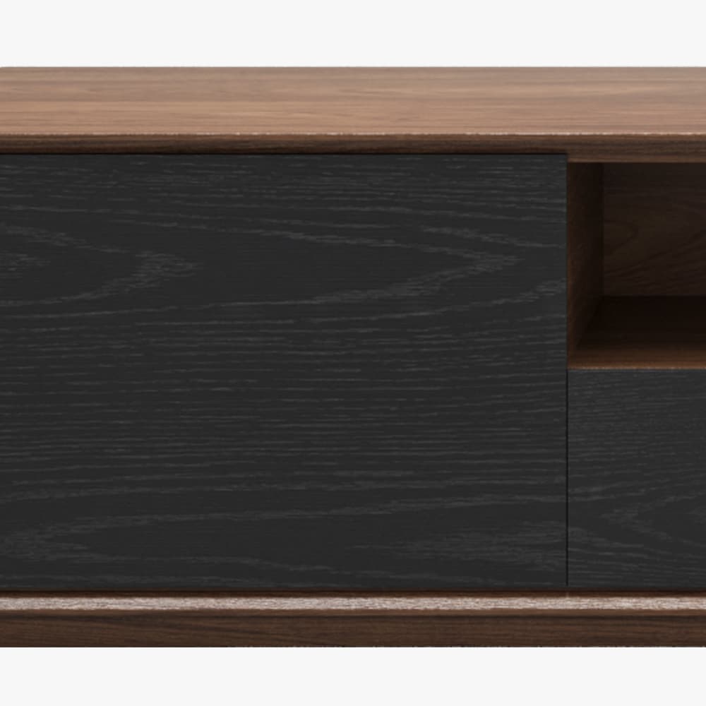 Modern Wood TV Stand  Lowline Media Console with 4 Drawers  Open Storage Cabinet  Walnut Veneer  Fully assembled