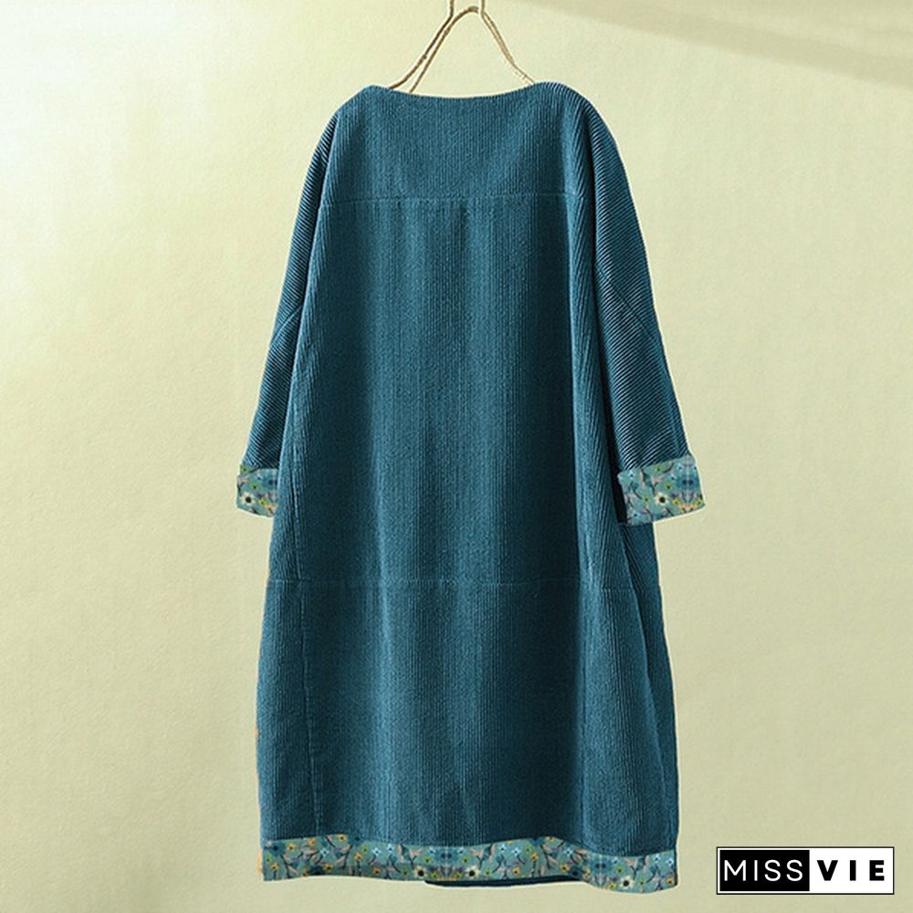 Women Autumn Pure Color Plus Long Tops Casual Vintage Corduroy Midi Dress