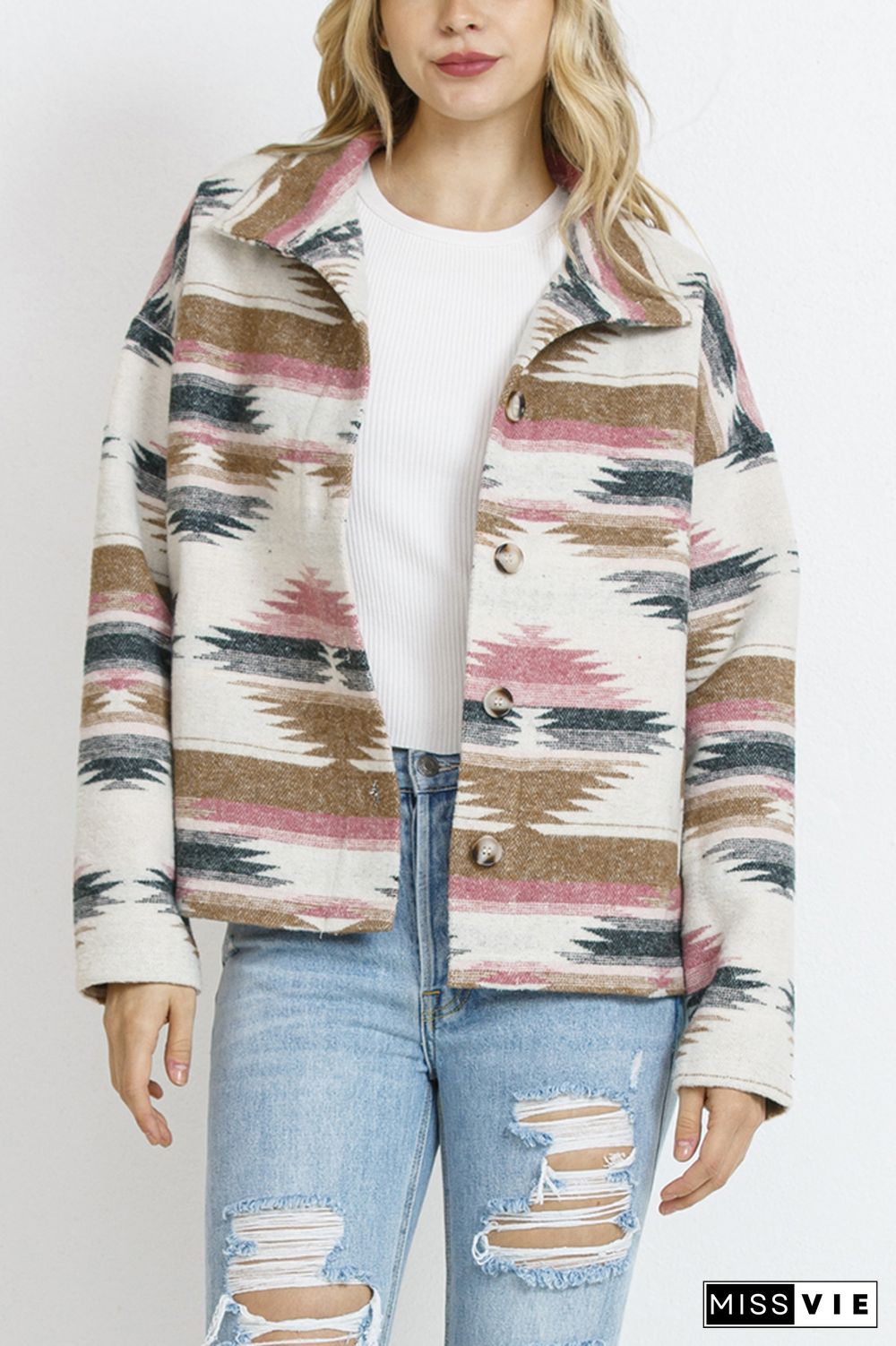 Lapel Button Up Aztec Jacket Coat