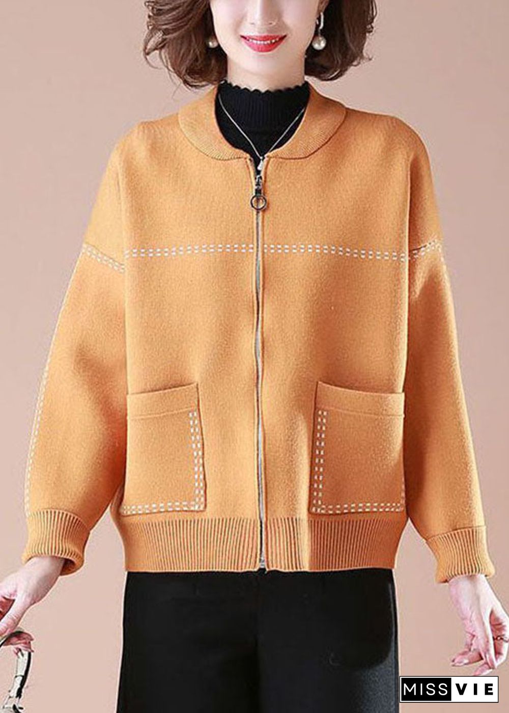 Stylish Orange O-Neck Zip Up Pockets Print Knit Coats Long Sleeve