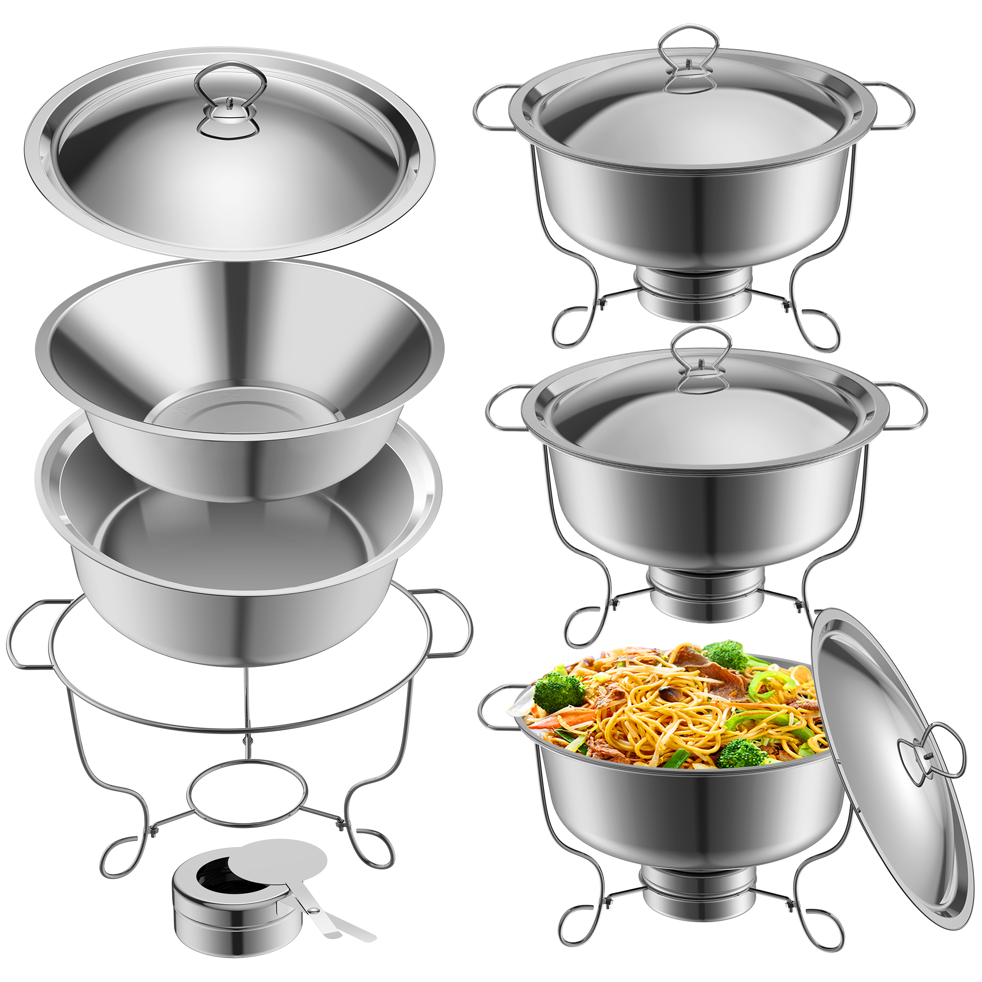 Famistar 6 Pack Chafing Dish Buffet Set With Cover - Stainless Steel 4 Round Chafing Dish + 2 Rectangular Chafers(8QT) With Water Pan | Food Pan | Fuel Holder- Catering Food Warmers for Parties Buffet