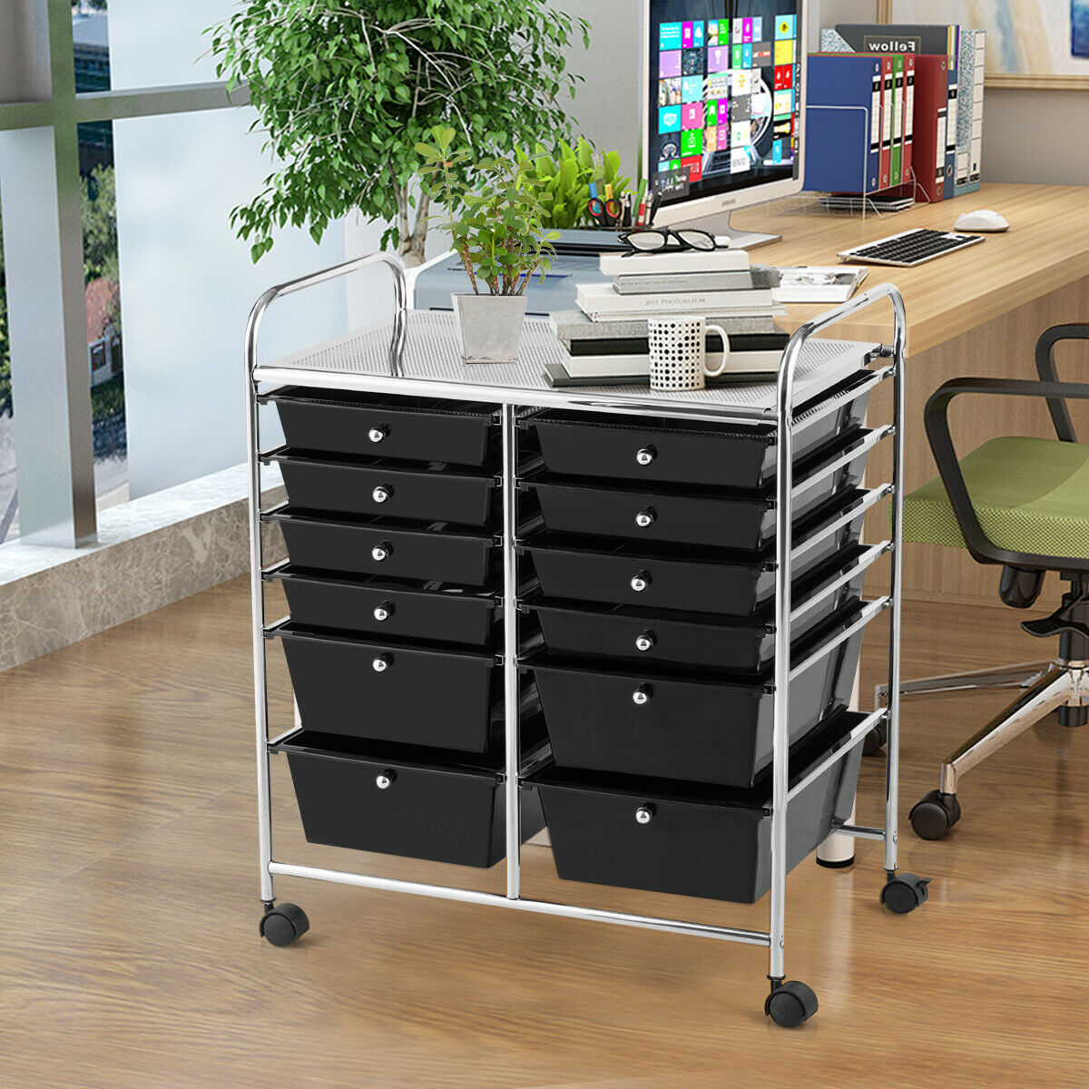 Topbuy 12-Drawers Rolling Storage Cart with Organizer Top Black